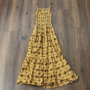 Boho Yellow Maxi Dress XS Floral Smocked Sundress Spaghetti Strap Summer